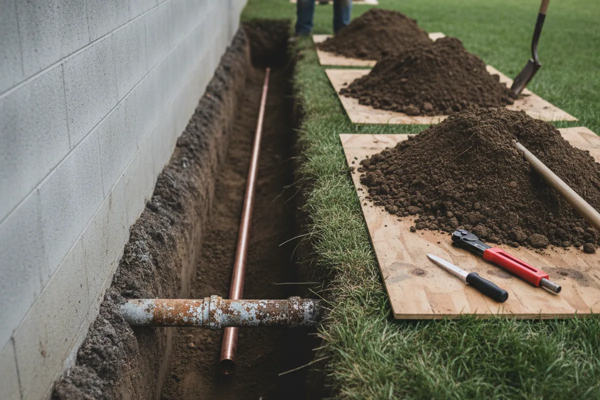 Excavated water line trench during Water Heater Repair in Gila Bend